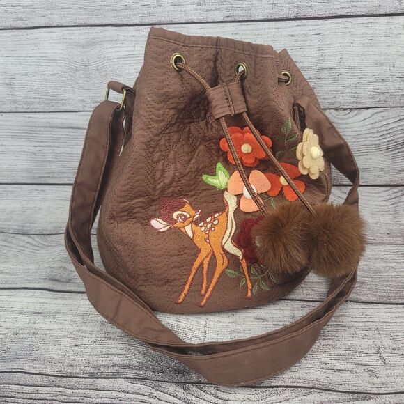 Disney Bambi Embroidered Drawstring Bucket Crossbody Bag Butterfly Flowers - Picture 1 of 3